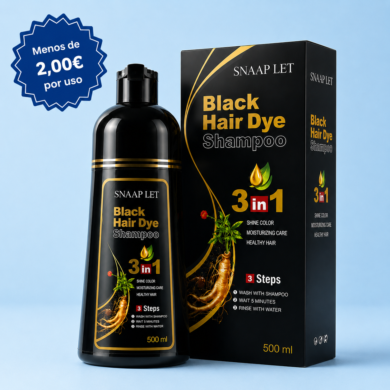 Velvet Black™ – Champú negro, restaura y tiñe el cabello al instante.